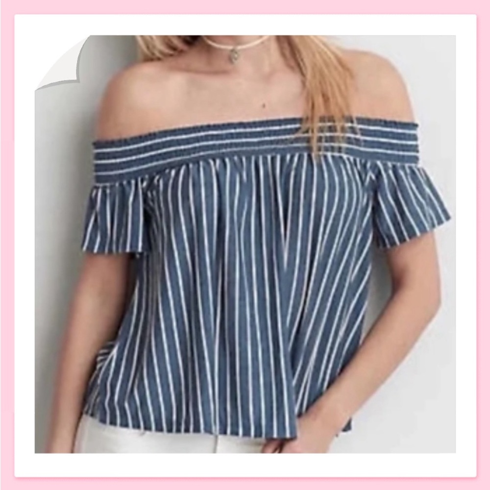 American Eagle Outfitters Linen Off the Shoulder Stripe Top